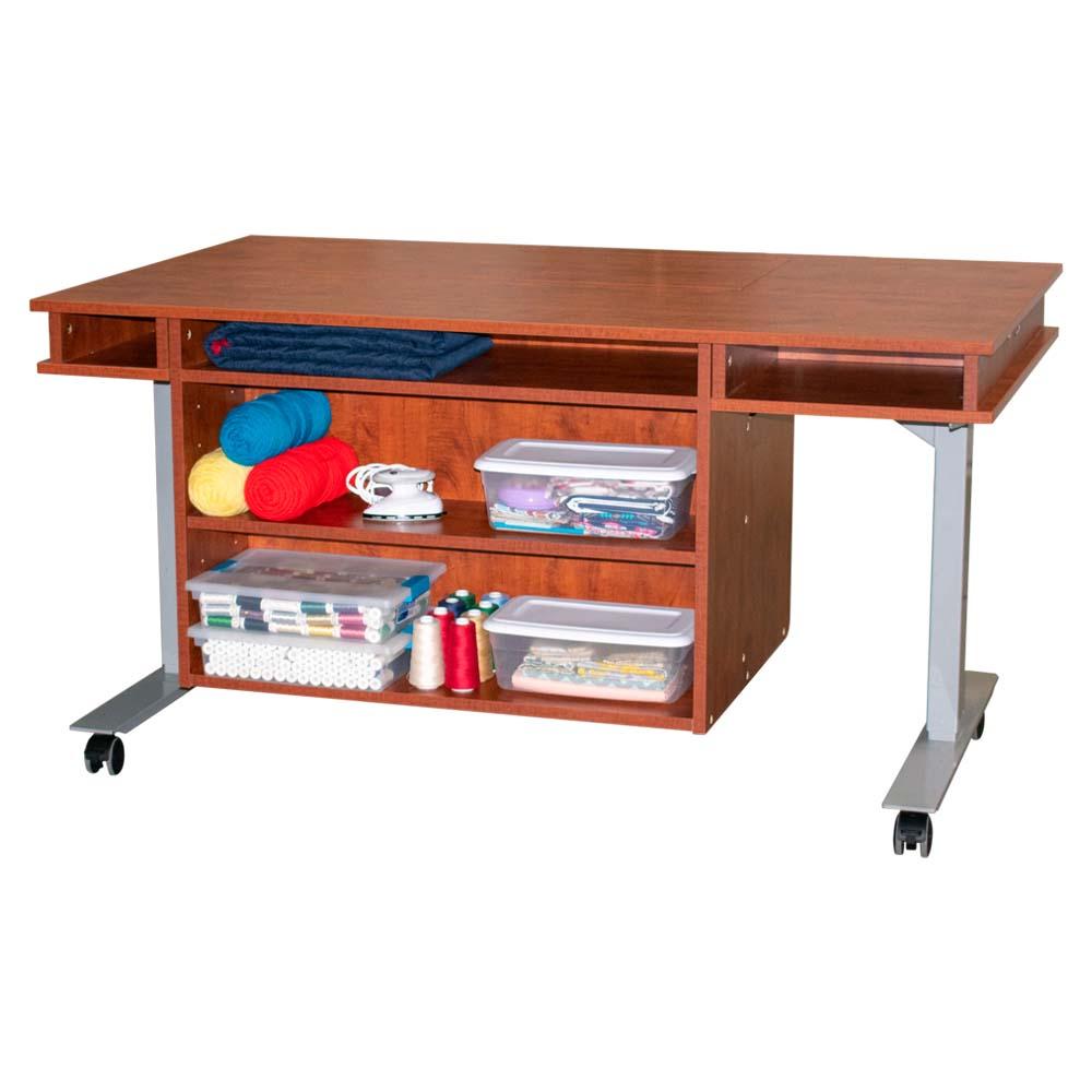 Horn 9000 New Heights Adjustable Sewing Cabinet Sunset color, back view with shelves