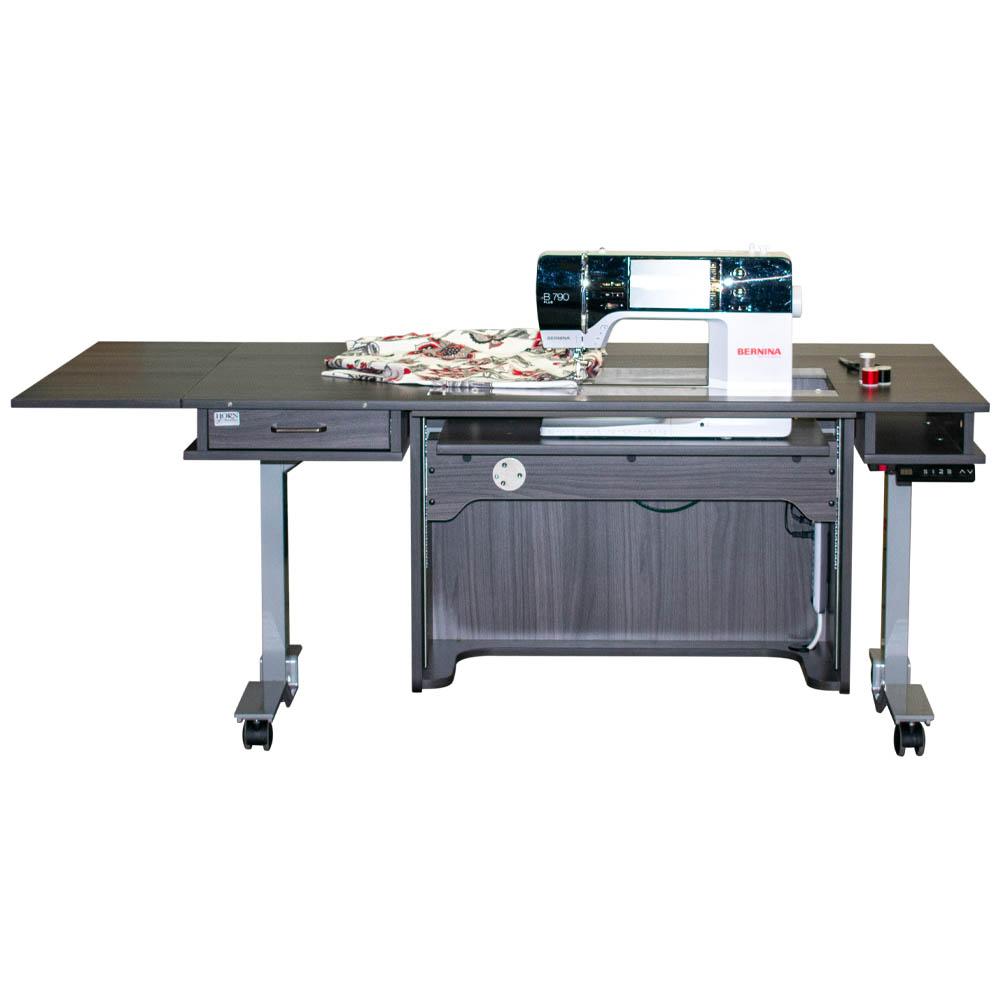 Horn 9100 New Heights Adjustable Sewing Table in grey, front view with drop leaves up